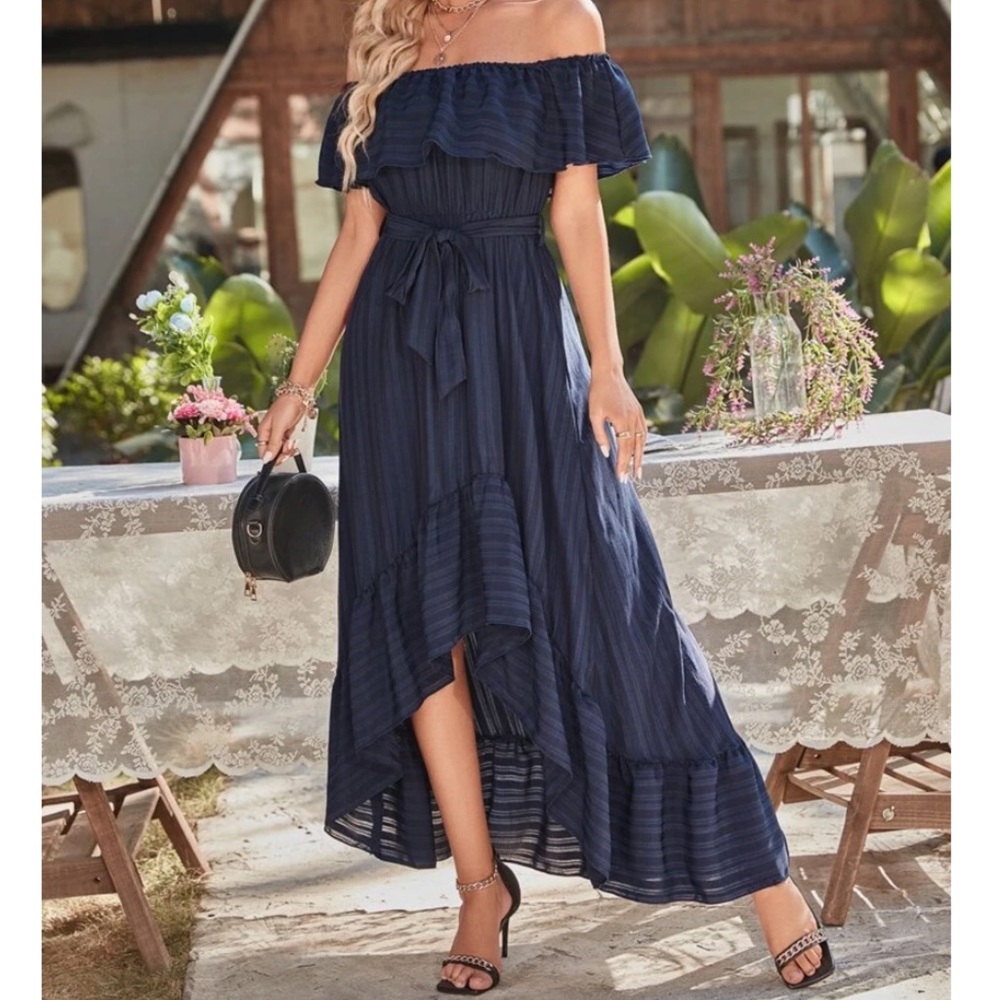 CLEARANCE Navy High Low Off The Shoulder Ruffled Belted Striped Maxi Dress - Picture 2 of 3